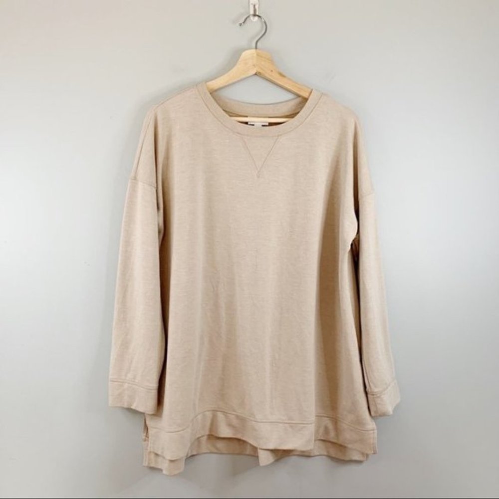 J. Jill Tan Brown Womens Sweatshirt Pleated Soft Plush Sweater Crew Neck Large L